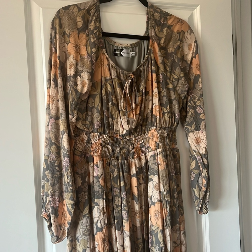 Floral Maxi Dress with Smocked Waist in Olive and Peach